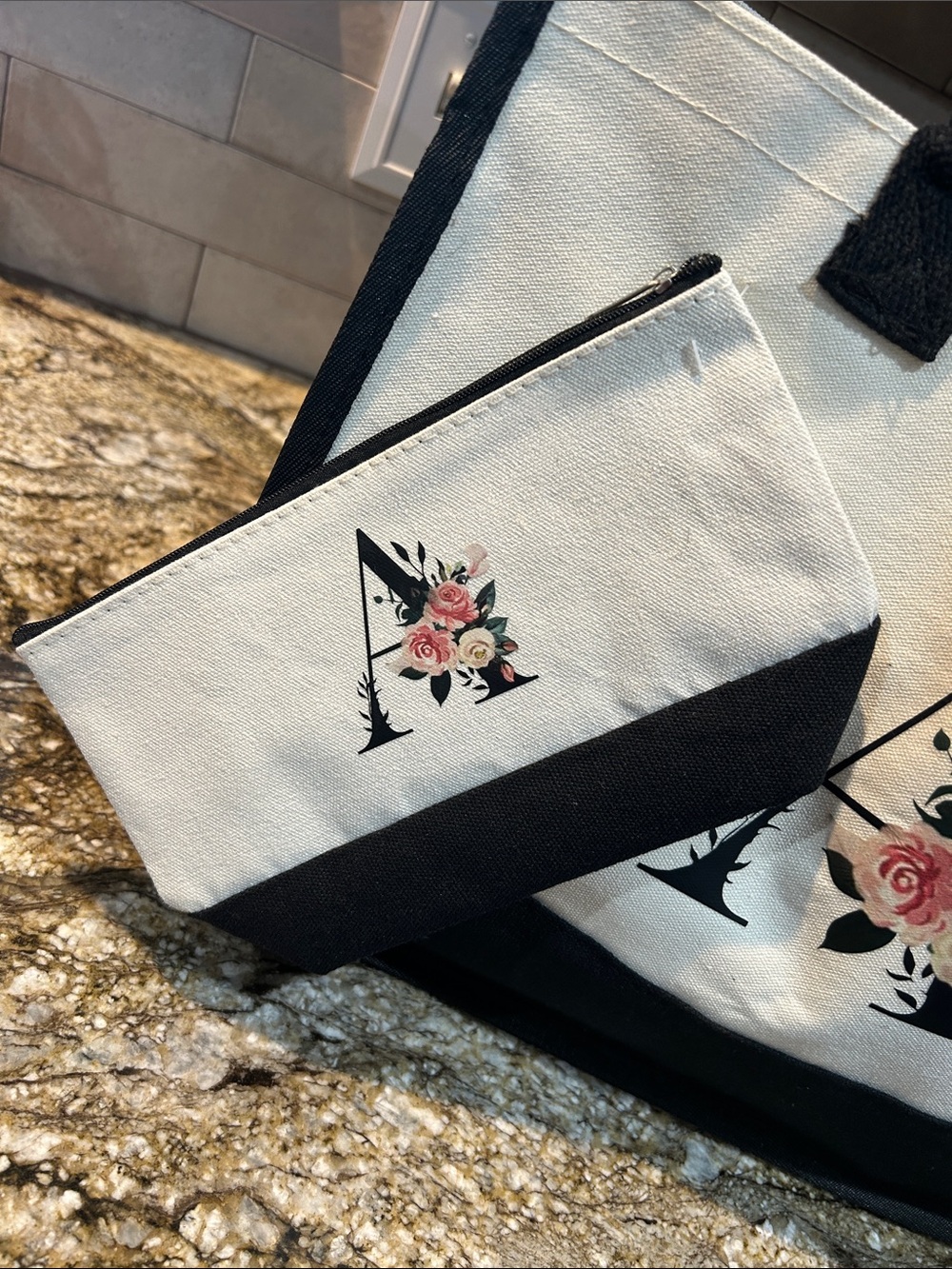 Canvas Floral Monogram Satchel Tote - Cream & Black - Picture 2 of 4